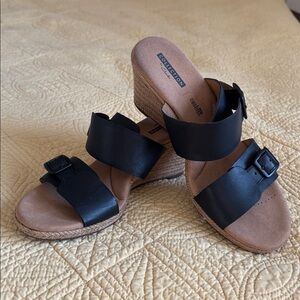 Clarks Black Double Strap Wedge Sandals - 3” heel